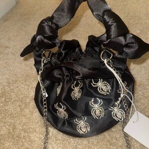 Black Satin Mini Bag with Silver Spider Embellishments